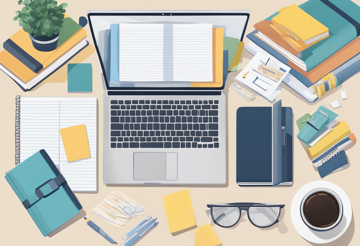 A laptop surrounded by books, a notepad, and a cup of coffee on a desk. A person typing on the laptop, with marketing strategy notes scattered around