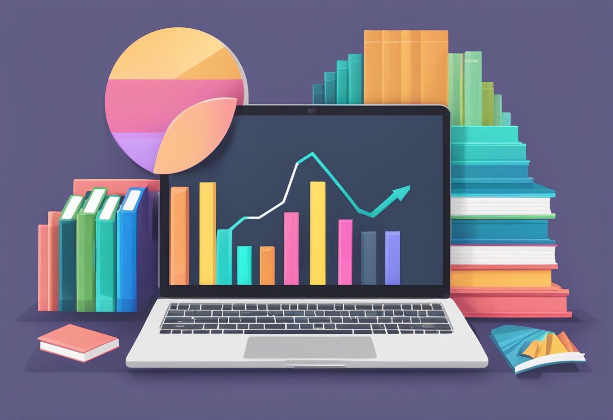 A laptop surrounded by books on affiliate marketing, with a growth chart in the background