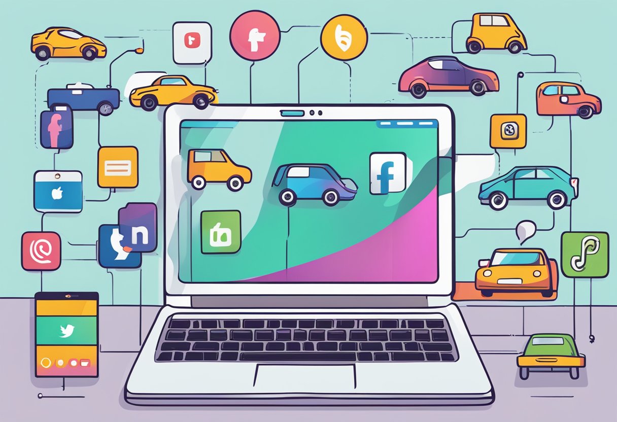 A laptop surrounded by various social media icons, with a blog post displayed on the screen and a line of cars driving towards it