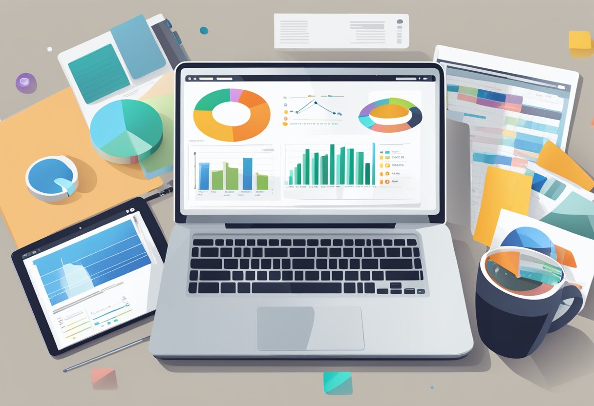 A laptop on a desk surrounded by various marketing materials, with a graph showing an increase in blog traffic displayed on the screen