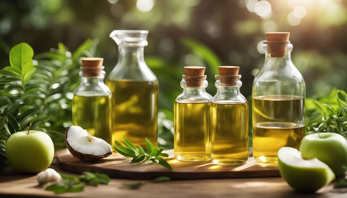 A table displays tea tree oil, apple cider vinegar, garlic, and coconut oil, surrounded by lush greenery and natural light