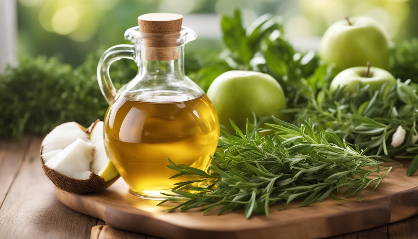 A table displays tea tree oil, apple cider vinegar, garlic, and coconut oil, surrounded by fresh herbs and natural light