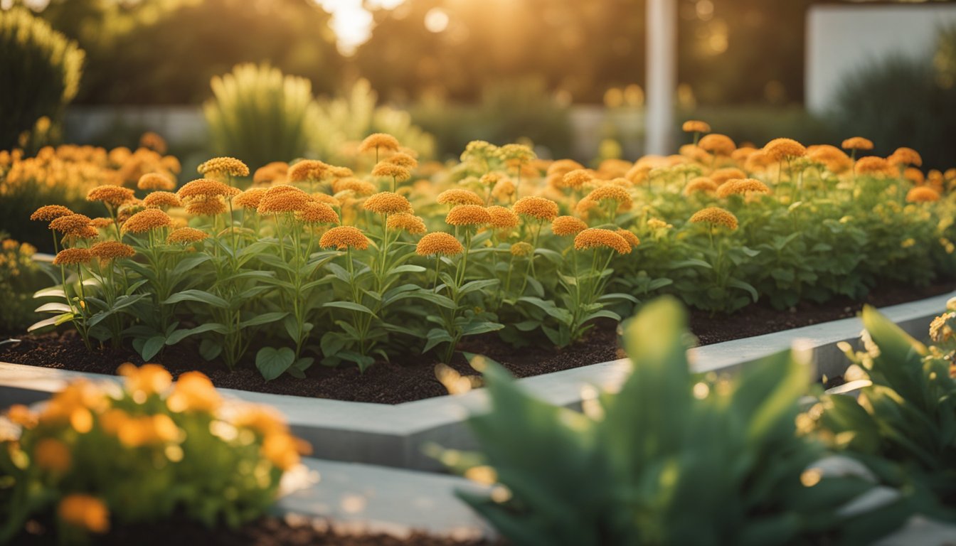 Lush garden bed with orange star plants at various growth stages, surrounded by well-designed landscape and soft, golden hour lighting