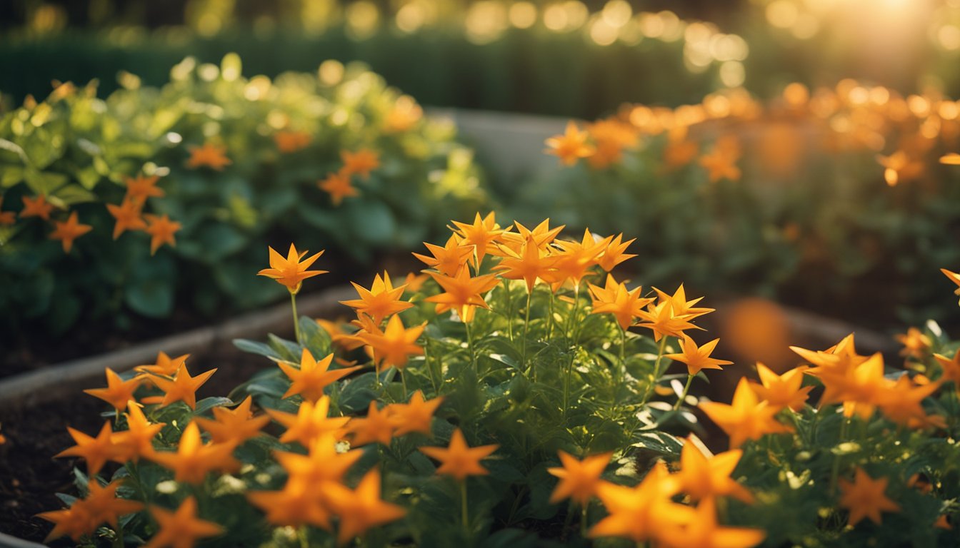 Multiple orange star plants in a well-designed garden bed, with optimal spacing and soft golden hour lighting