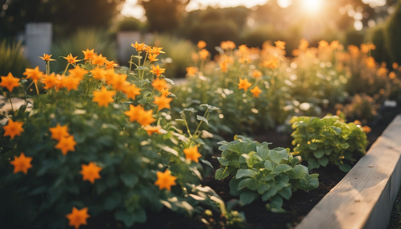 A garden bed with orange star plants in various stages, surrounded by well-designed landscape and soft golden hour lighting