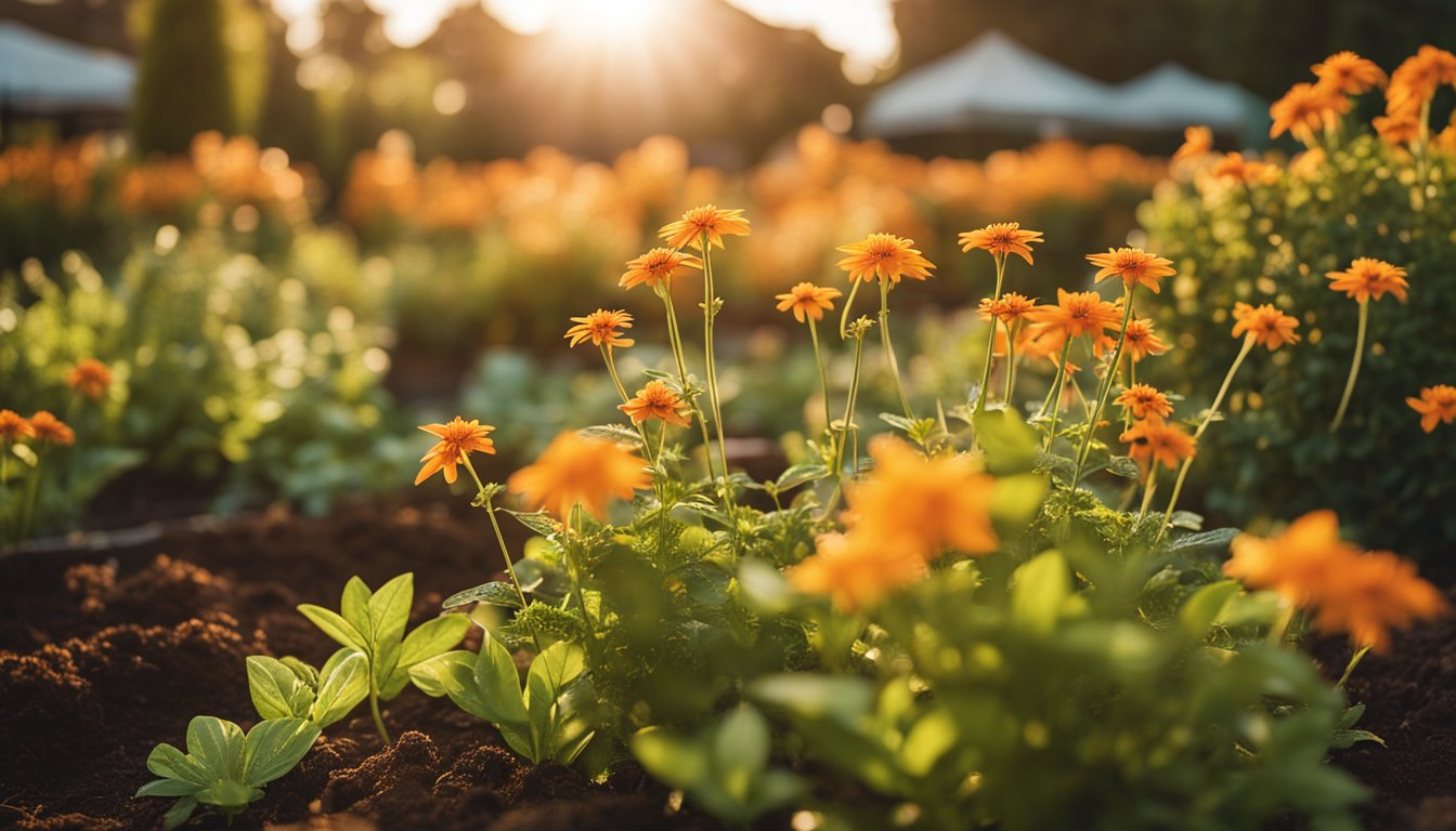 The garden bed showcases multiple orange star plants in various growth stages, positioned in a well-designed landscape with optimal spacing and soft, golden hour lighting