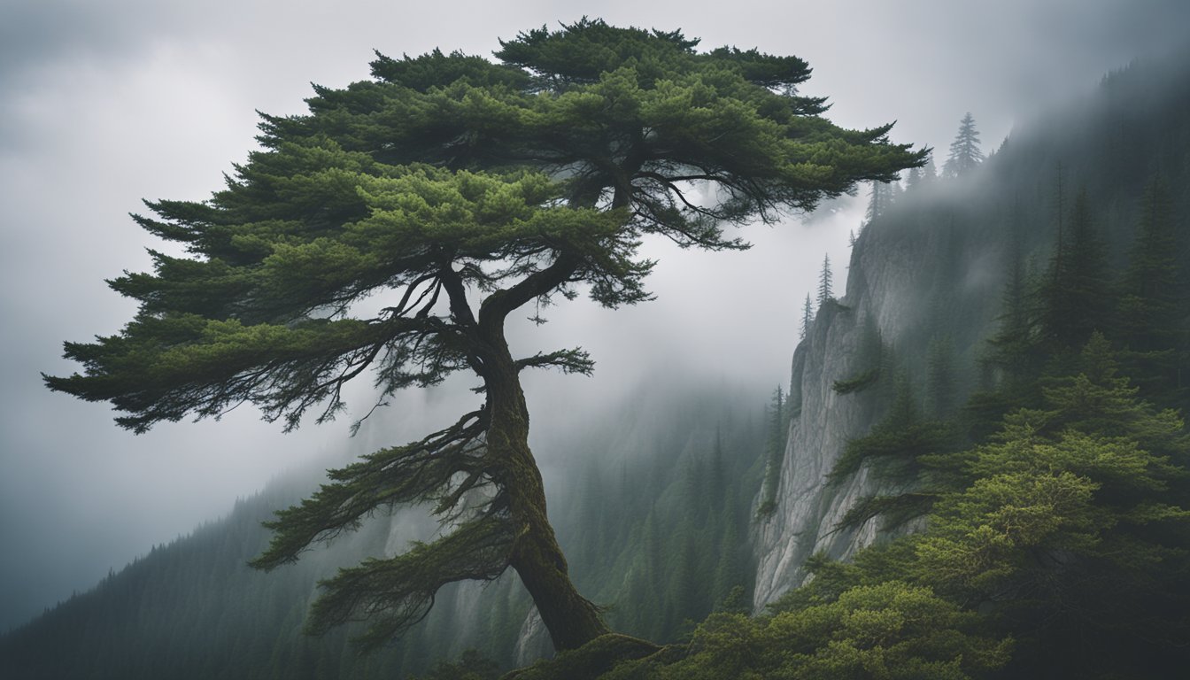 A weeping Alaskan Cedar stands on misty mountainside, its cascading branches creating an ethereal atmosphere. Dense evergreen forest and granite cliffs are partially obscured by low-hanging clouds