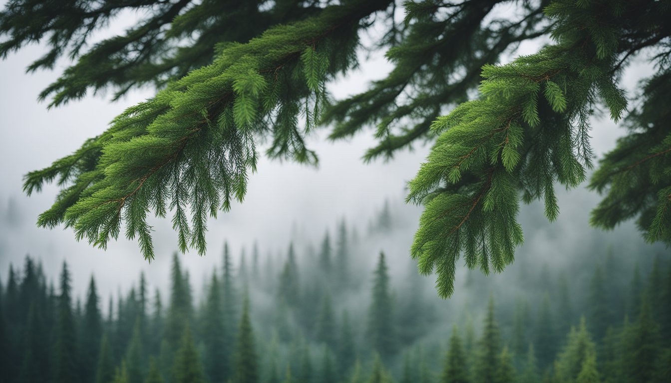 A weeping Alaskan Cedar on misty mountain slope. Ethereal atmosphere with dense evergreen forest and low-hanging clouds