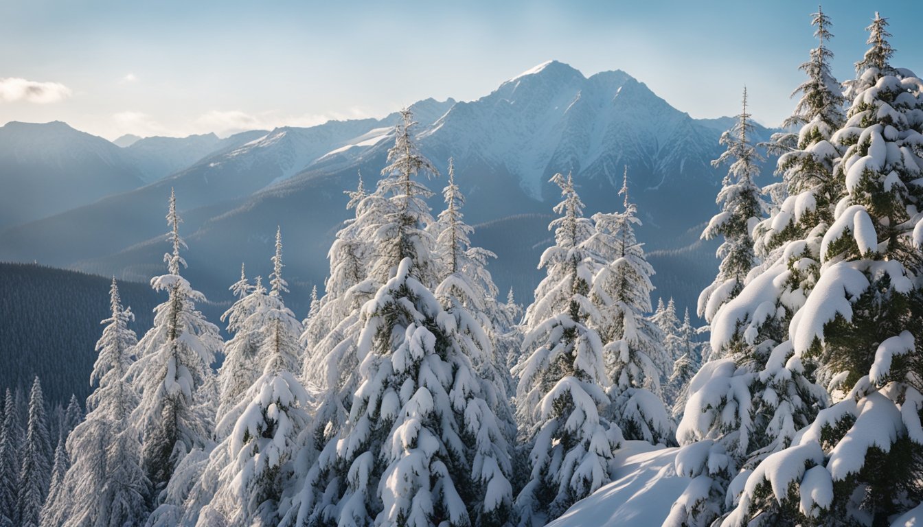 Snow-covered weeping Alaskan Cedar, laden with white powder, against a pale winter sky. Pristine forest with snow-dusted evergreens and distant mountain peaks