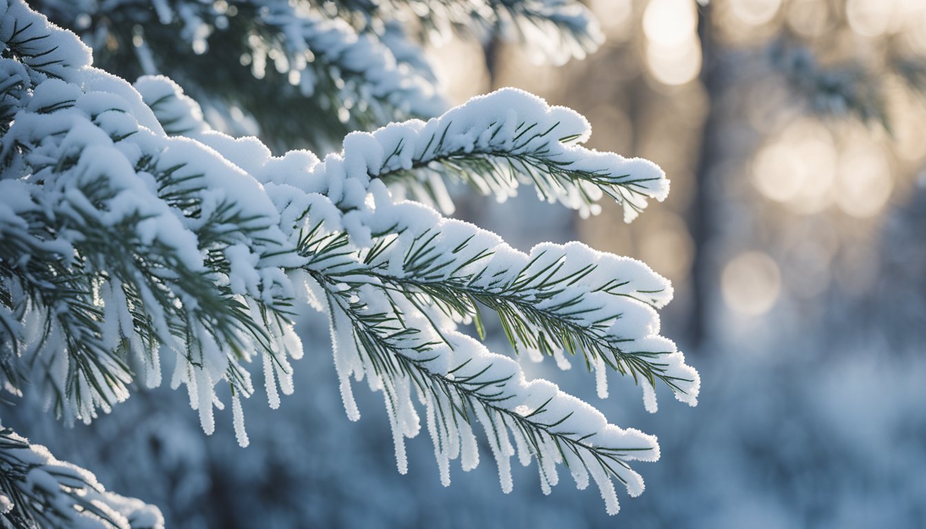 A snow-covered weeping Alaskan Cedar, its branches heavily laden with white powder, creating elegant drooping silhouettes against a pale blue-gray winter sky