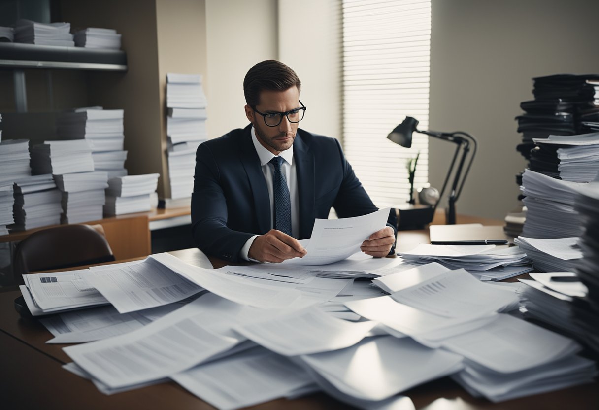 A lawyer reviewing documents and financial records in a cluttered office, with foreclosure listings spread out on the desk