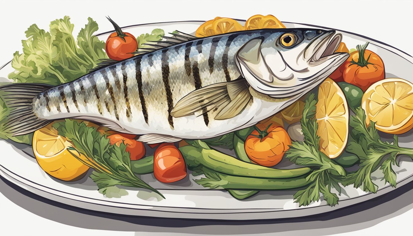 A person with diabetes enjoying a plate of grilled striped bass with a variety of colorful vegetables on the side