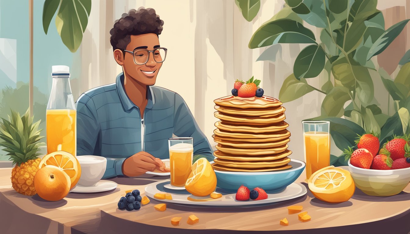 A diabetic person enjoying a stack of pancakes drizzled with sweet sorghum syrup, surrounded by a variety of fresh fruits and a glass of water