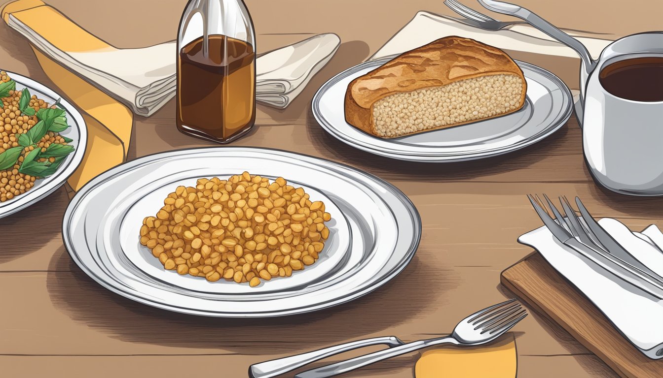 A table set with a gluten-free meal, featuring a bottle of sweet sorghum syrup next to a plate of diabetic-friendly dishes