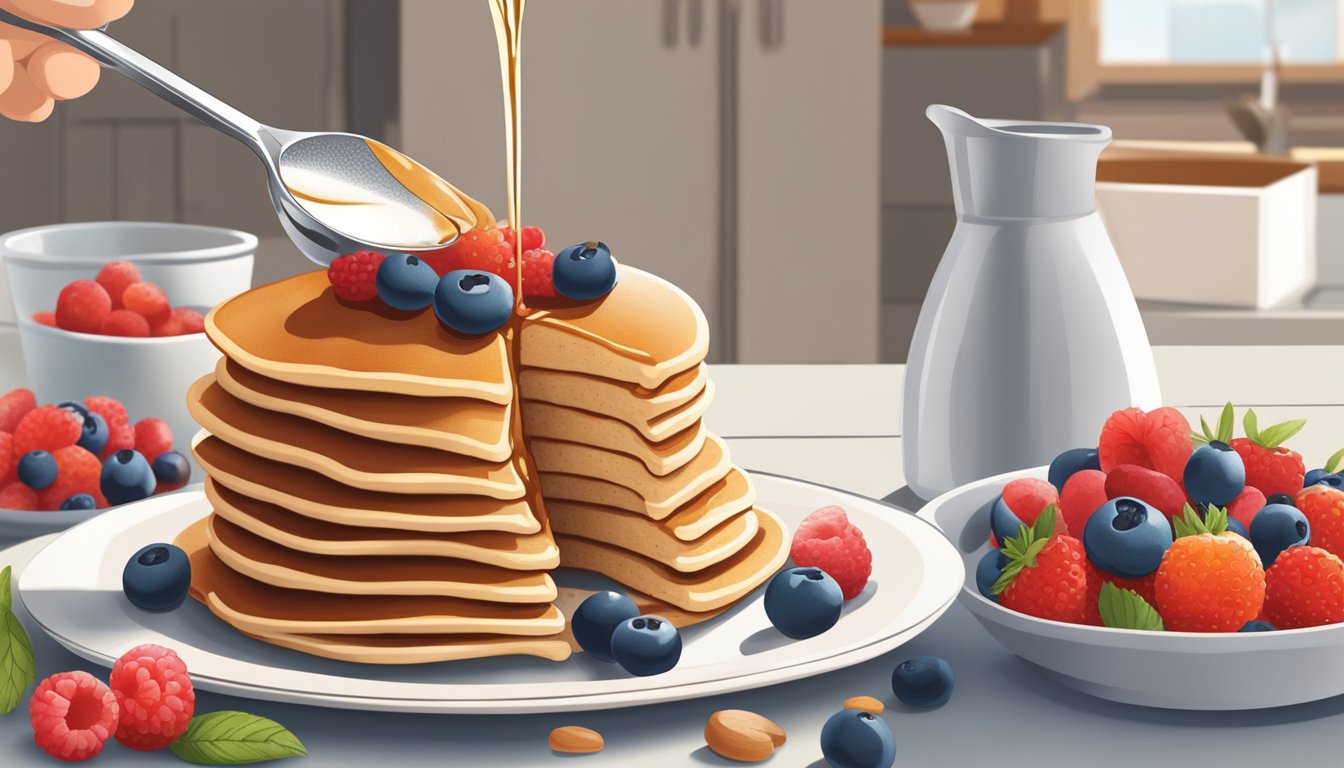 A diabetic-friendly kitchen with sorghum syrup being poured onto a stack of whole grain pancakes, fresh berries on the side