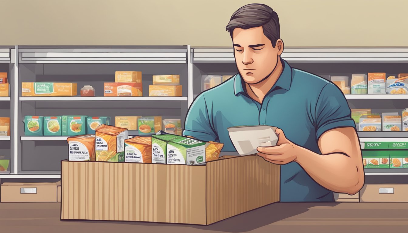 A diabetic person reading a nutrition label on a box of tagatose, with a concerned expression on their face