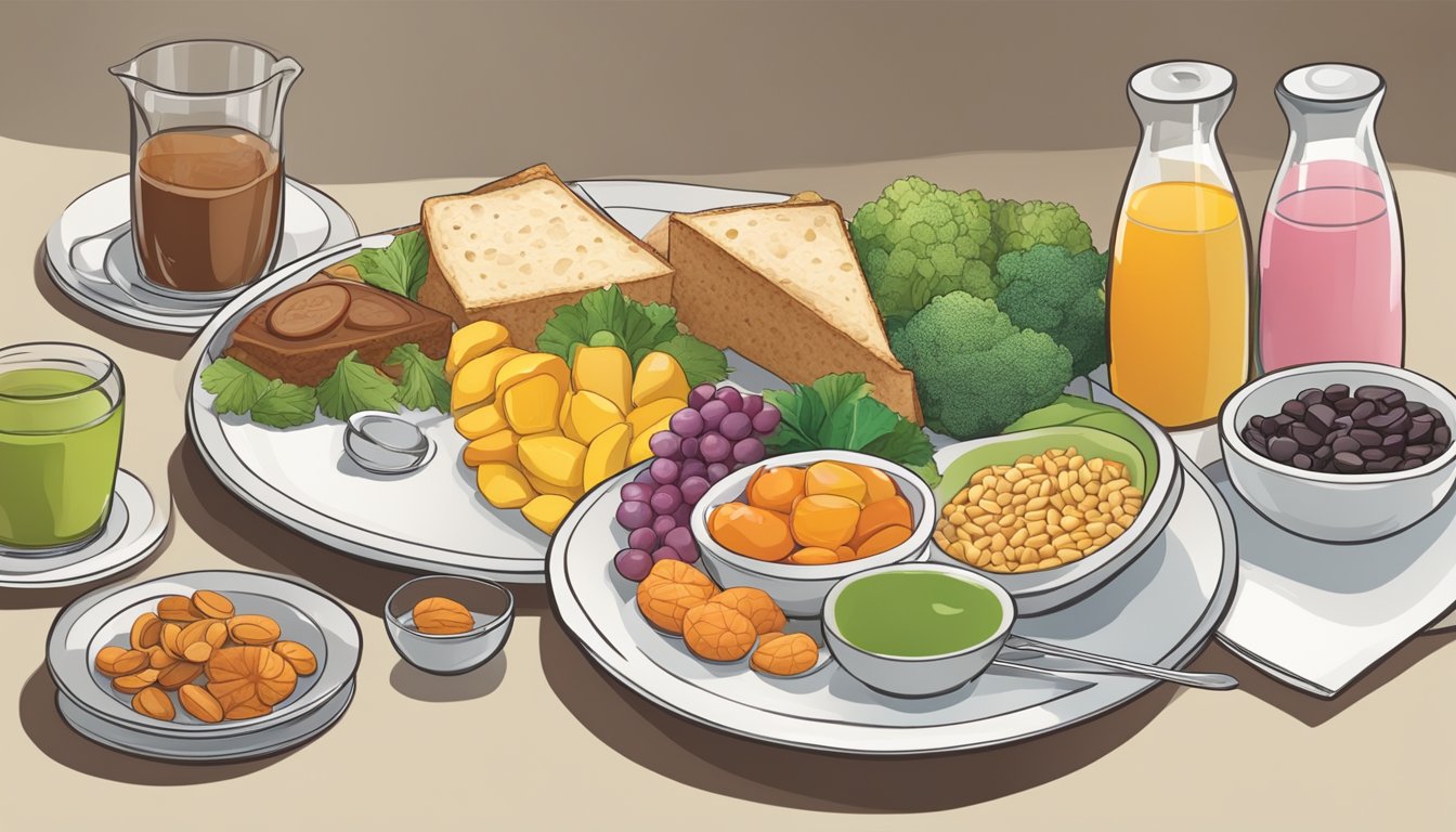 A table set with a variety of diabetic-friendly foods, including tagatose-sweetened desserts and informational pamphlets on the benefits and risks of incorporating tagatose in diabetic diets