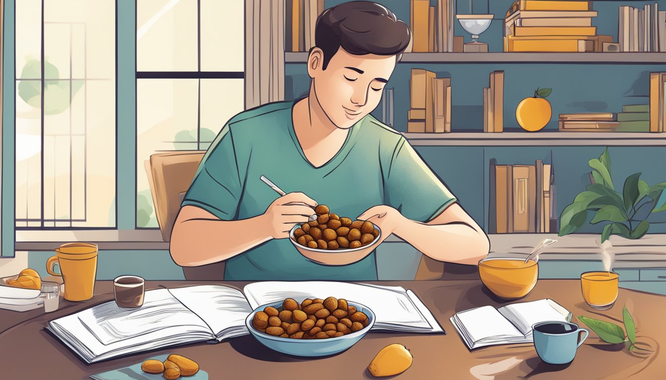 A diabetic person enjoying a bowl of tamarind fruit while reading a book about blood sugar control