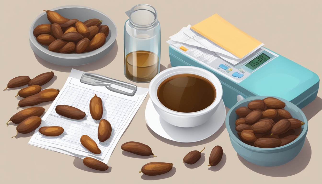 A table with a bowl of ripe tamarind pods, a stack of medical papers, and a glucose monitor