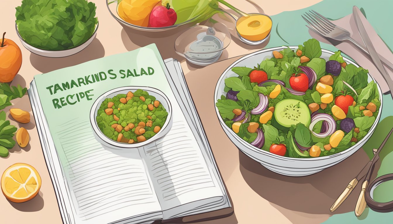 A bowl of tamarind-infused salad sits next to a diabetes-friendly recipe book, surrounded by fresh fruits and vegetables