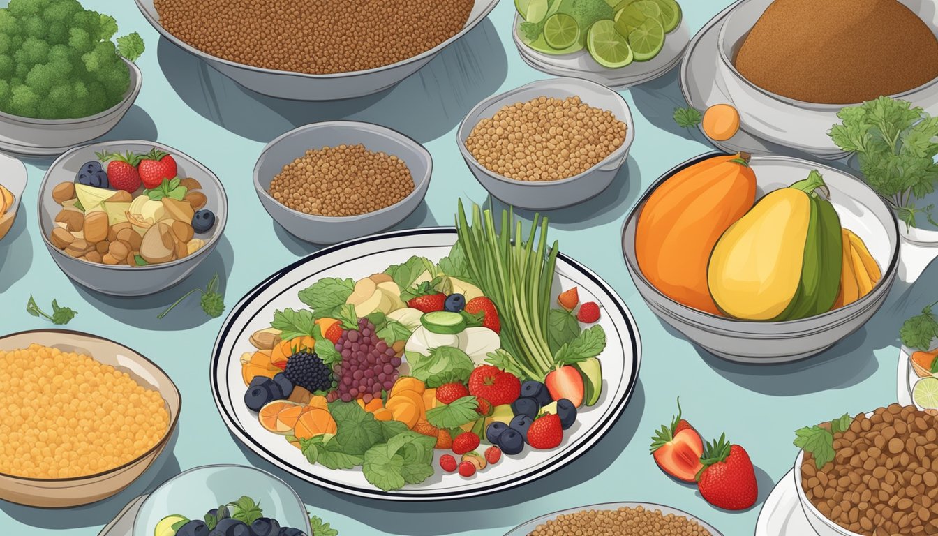 A colorful plate with a variety of teff-based dishes, surrounded by fruits, vegetables, and a nutrition label