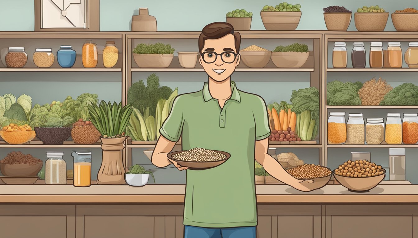 A diabetic holding a bowl of sorghum with a variety of healthy foods in the background