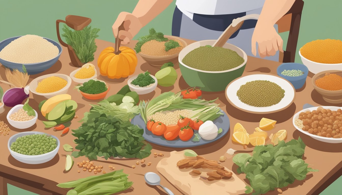 A person with diabetes cooking and enjoying a meal with sorghum as a key ingredient, surrounded by various healthy food options