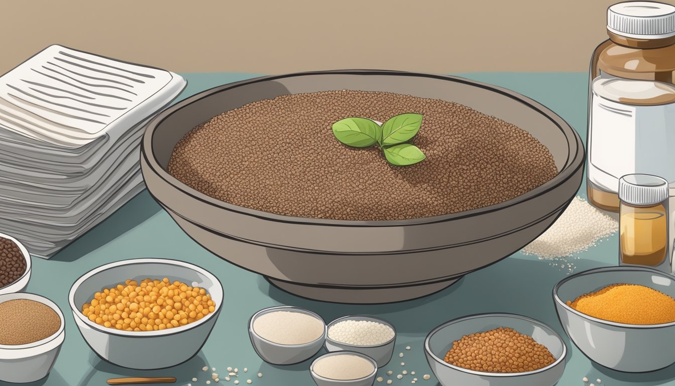 A bowl of cooked teff surrounded by various gluten-free ingredients and a diabetic testing kit on a kitchen counter