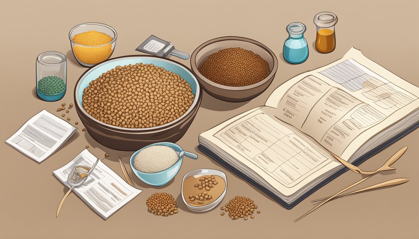 A table set with a variety of food items, including teff grains, surrounded by medical charts and research papers