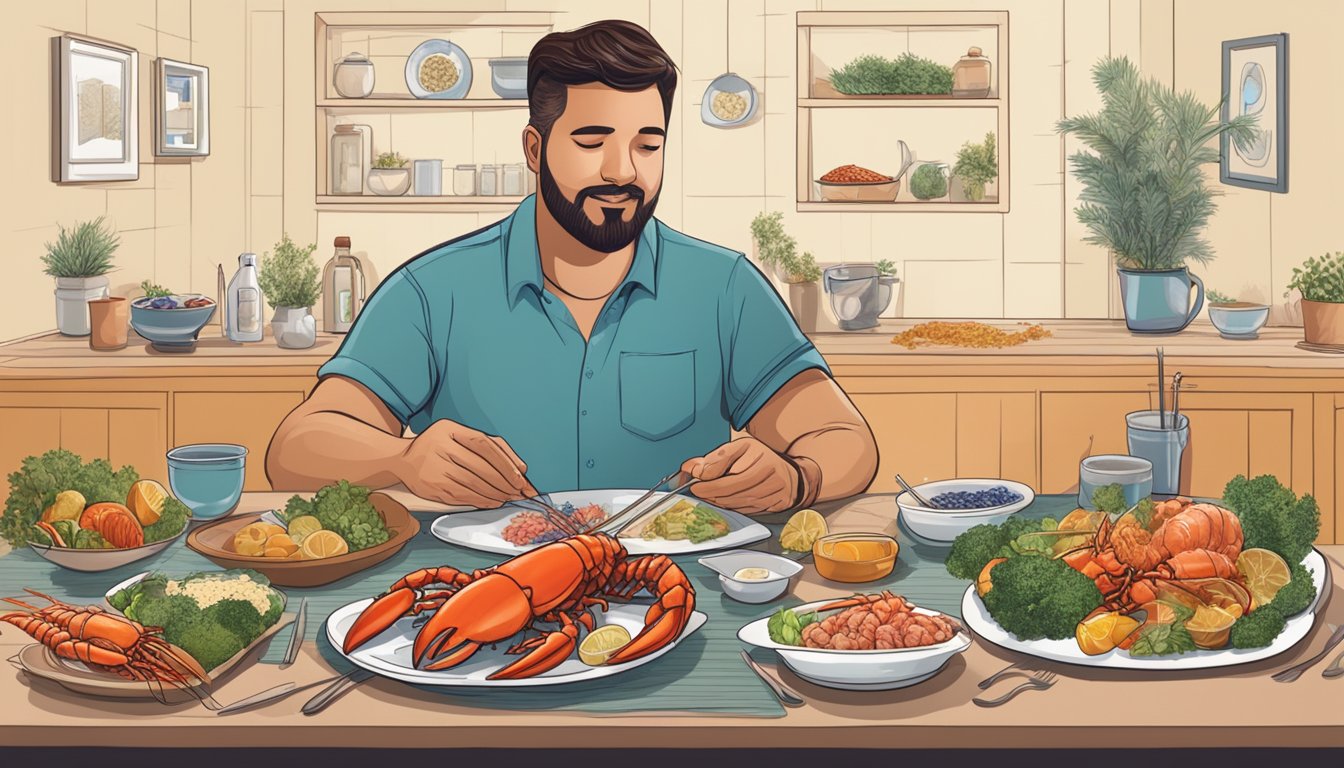 A diabetic person sitting at a dining table with a plate of spiny lobster, surrounded by various foods and a dietary guide