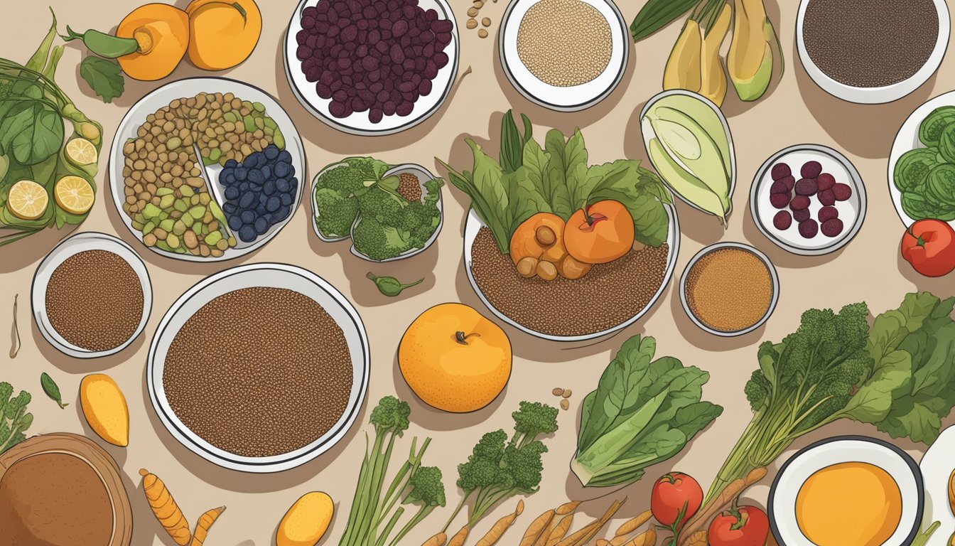 A table spread with teff grains, fruits, and vegetables, with a diabetic-friendly meal being prepared, showcasing the health benefits and risks of teff