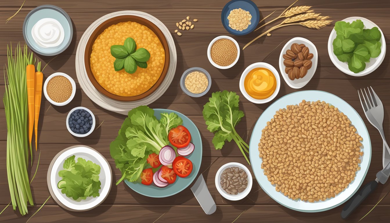 A diabetic-friendly meal featuring spelt grains, fresh vegetables, and a variety of healthy ingredients on a rustic wooden table