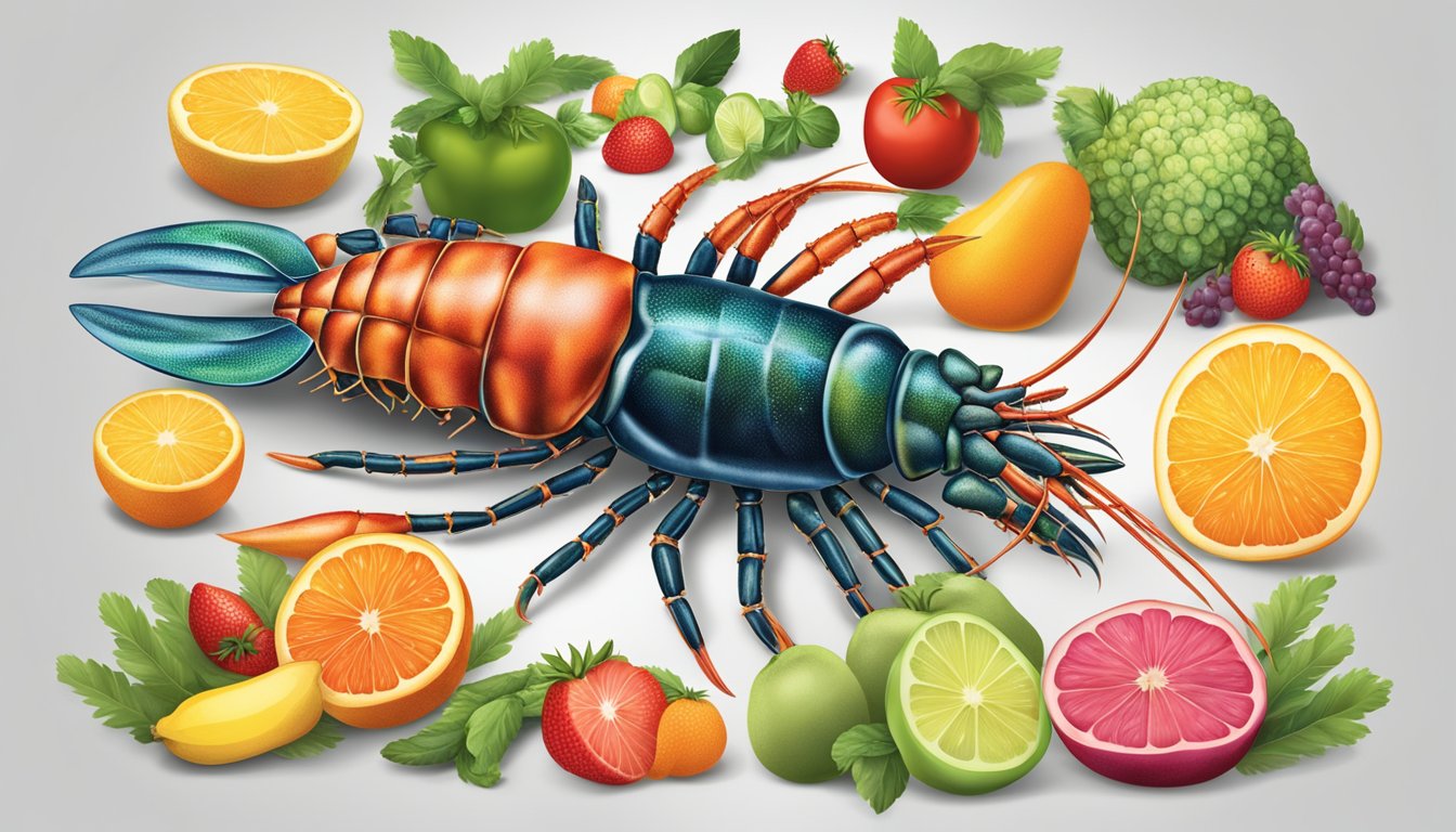 A spiny lobster surrounded by a variety of colorful fruits and vegetables, with a nutrition label displayed next to it