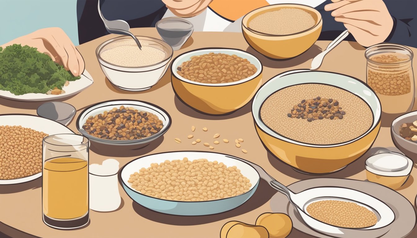 A person with diabetes happily eating a bowl of spelt porridge, surrounded by a variety of spelt-based dishes on a table