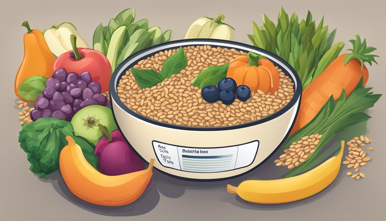 A bowl of spelt grains surrounded by various fruits and vegetables, with a diabetic-friendly label on the packaging