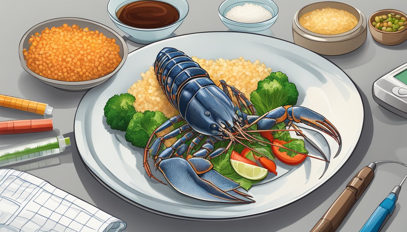 A plate with spiny lobster, vegetables, and a side of whole grain rice on a table next to a blood glucose monitor and insulin pen