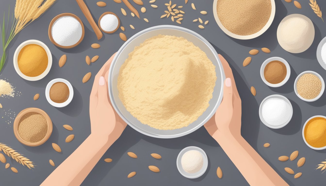 A person with diabetes holding a bag of spelt flour while surrounded by various types of flour and baking ingredients