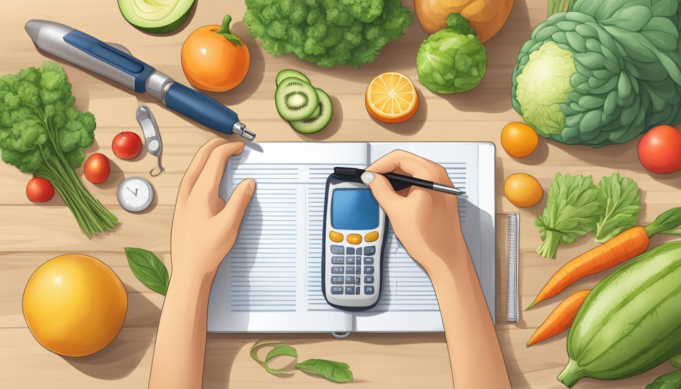 A diabetic person researching thaumatin with fruits and vegetables on a table