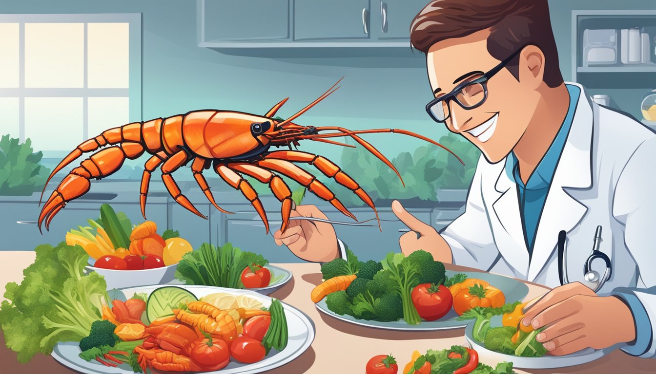 A diabetic person enjoying a plate of spiny lobster alongside a variety of colorful, nutrient-rich vegetables, with a doctor smiling in the background