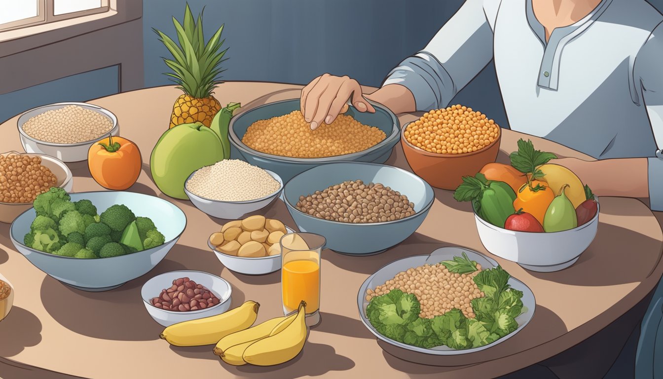 A diabetic person sitting at a table, surrounded by various food items including spelt, fruits, vegetables, and lean protein sources