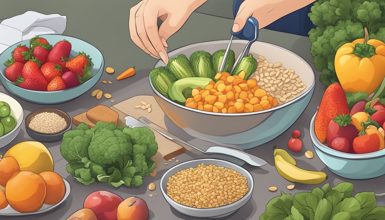 A diabetic person preparing a meal with a variety of fruits, vegetables, and whole grains, while avoiding sugary and processed foods