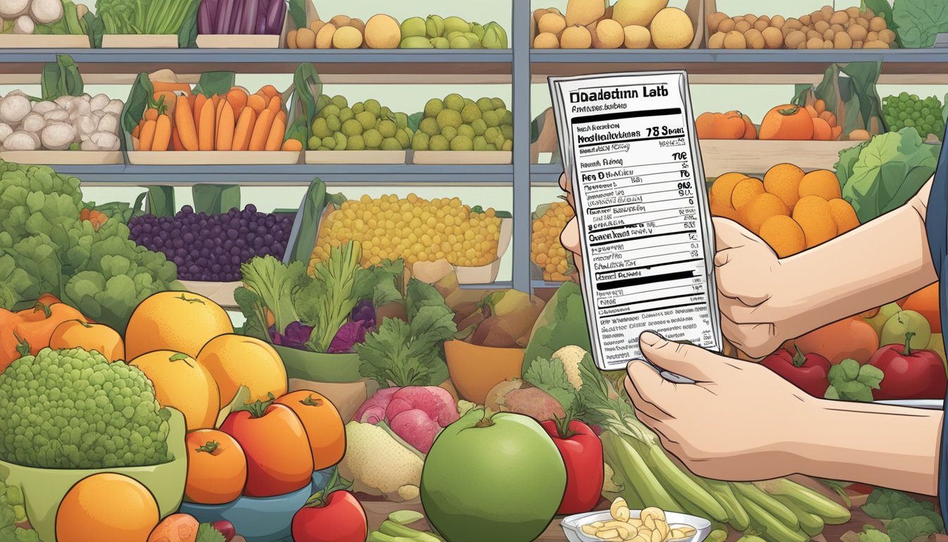 A diabetic person carefully reading a food label with thaumatin listed as an ingredient, while surrounded by various fruits and vegetables