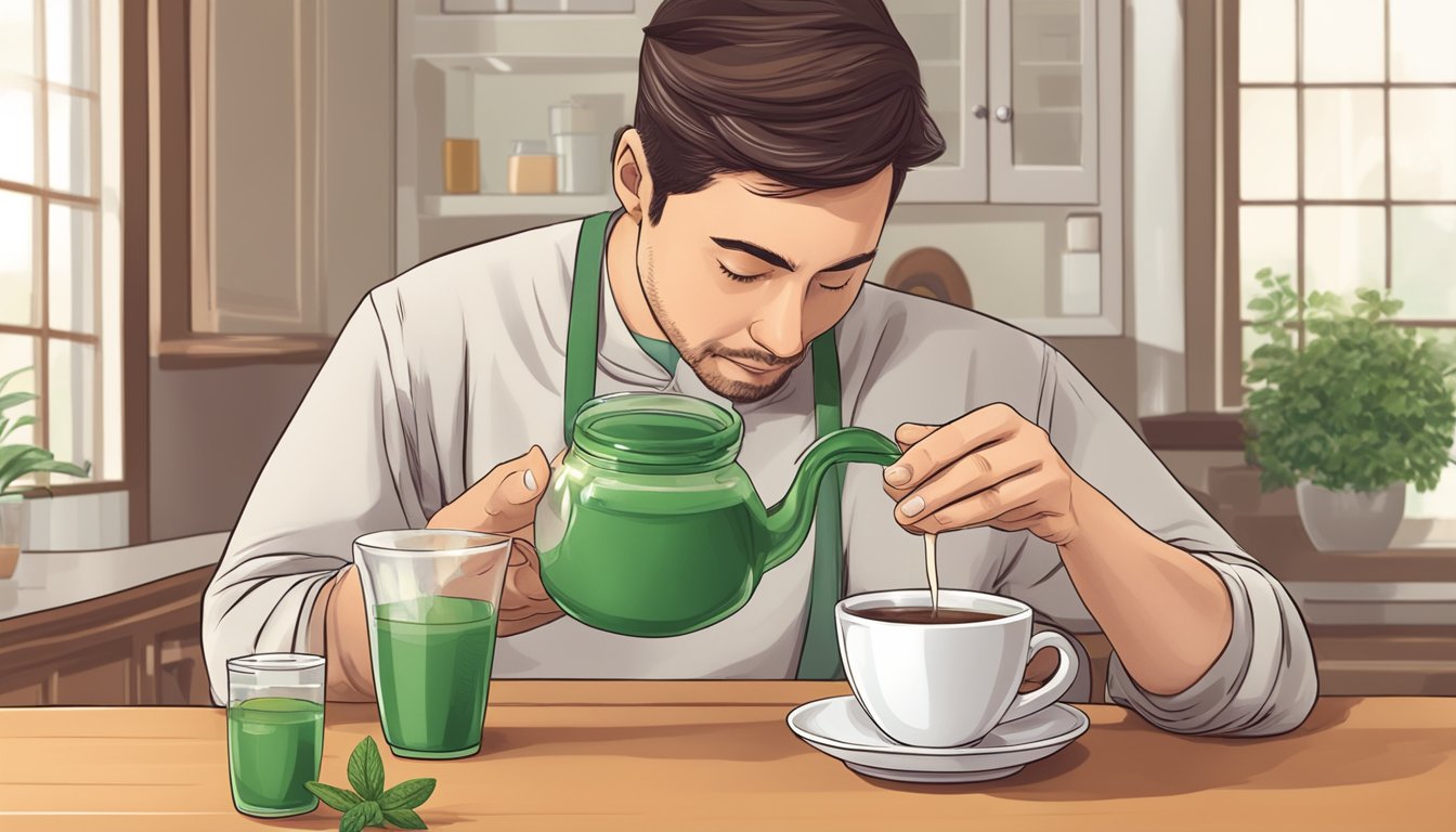 A diabetic person pouring stevia glycerite into a cup of tea, with a concerned expression