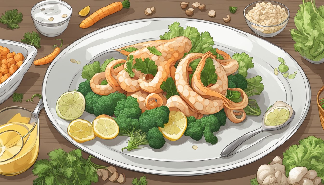 A plate of cooked squid surrounded by various vegetables and a nutritional information chart