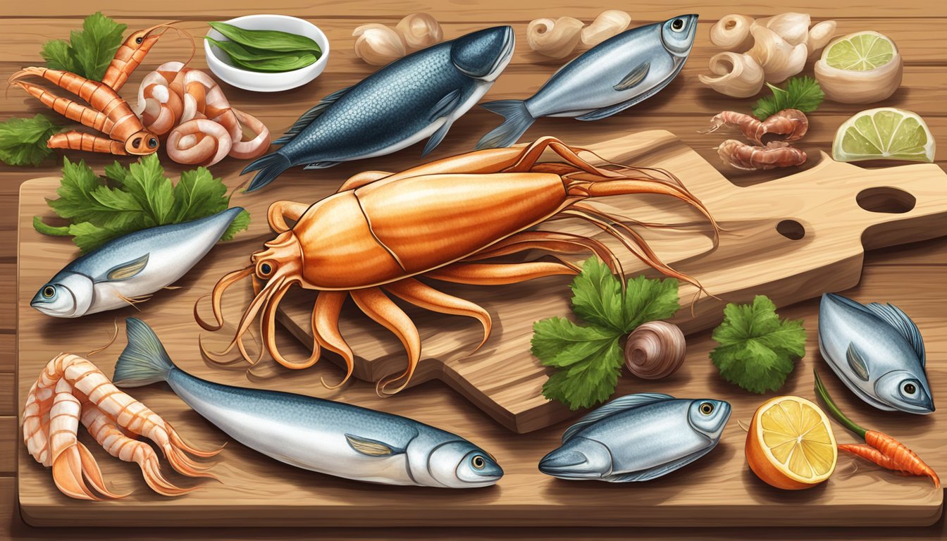 A squid and various types of seafood arranged on a wooden cutting board for comparison