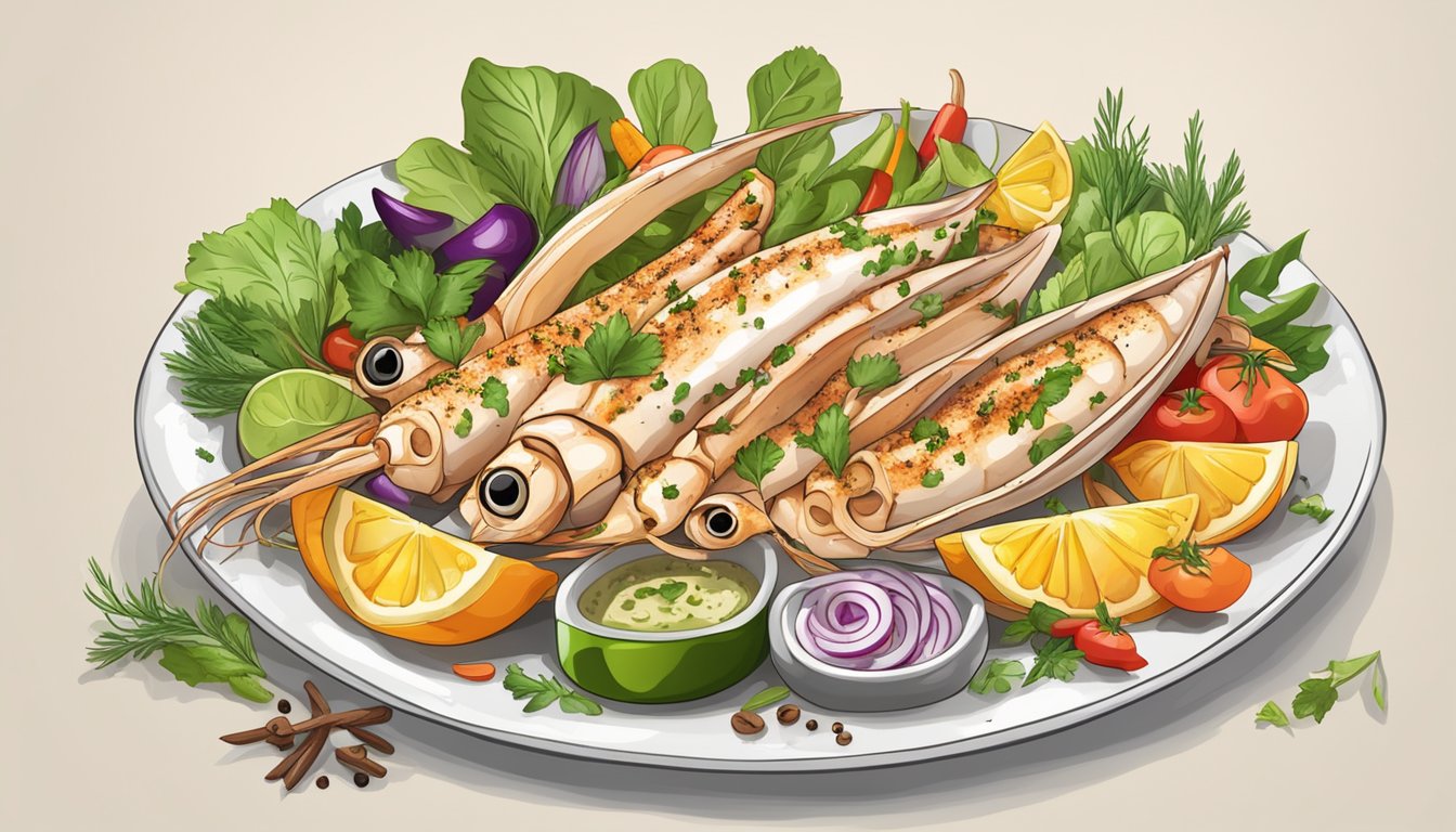 A plate of grilled squid surrounded by colorful vegetables and a variety of herbs and spices