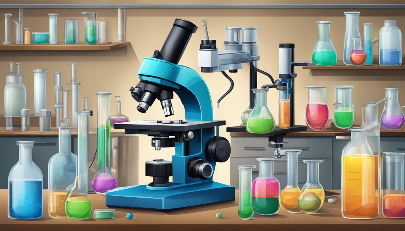 A laboratory setting with a microscope, test tubes, and scientific equipment