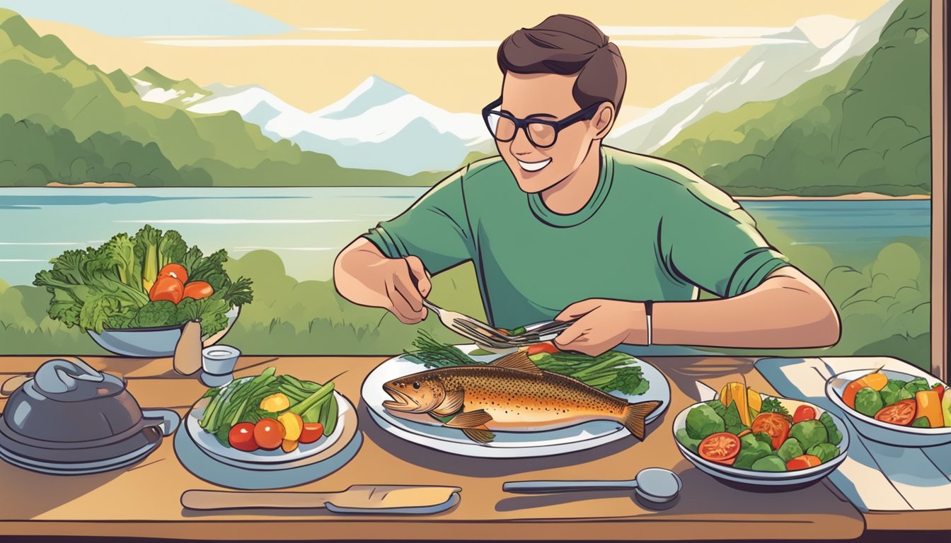 A diabetic person happily eating a grilled trout with a variety of fresh vegetables on a plate