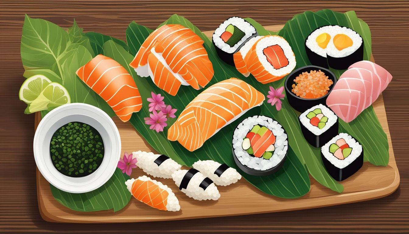 A colorful array of sushi ingredients, including fresh fish, seaweed, rice, and vegetables, arranged on a traditional wooden sushi board