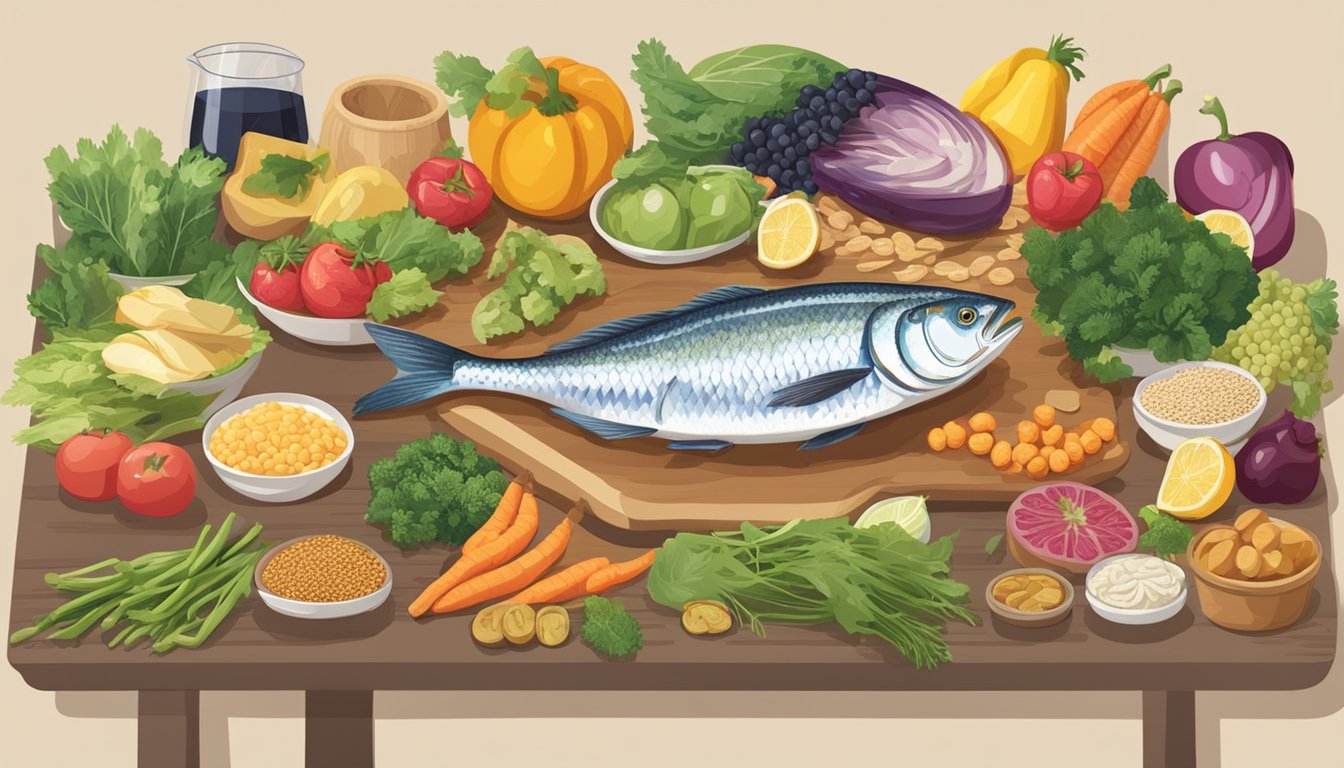 A table with a variety of foods: fresh fruits, vegetables, whole grains, and fish. Surströmming is crossed out